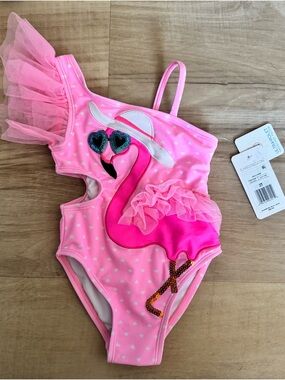 Flapdoodles Pink Flamingo One-Piece Swim Suit with Tulle Ruffle